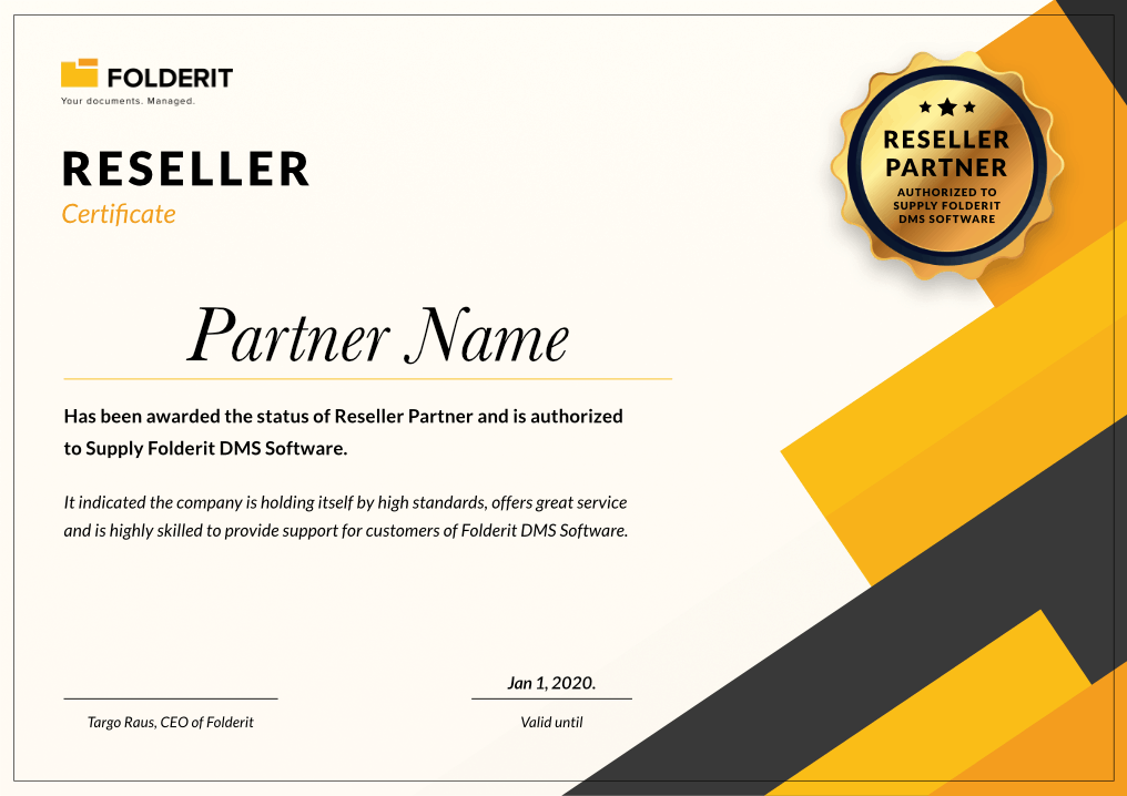 Folderit DMS Reseller Certificate