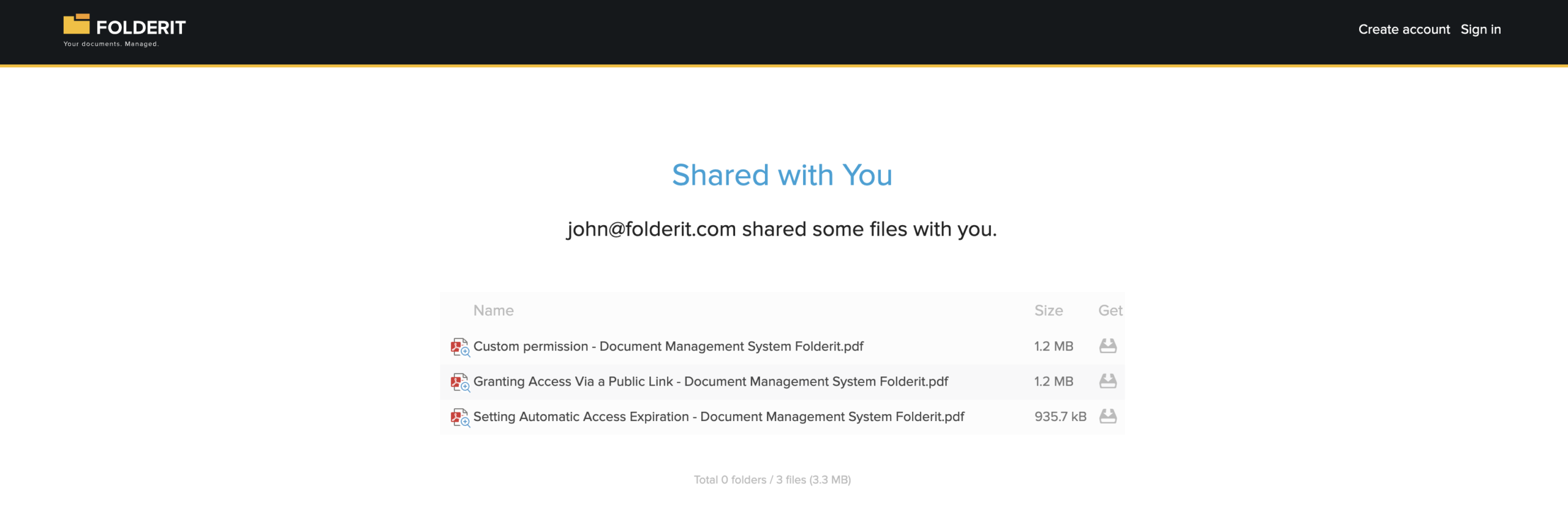 Public-link visitor view in Folderit External public-link view of a shared file or folder in Folderit