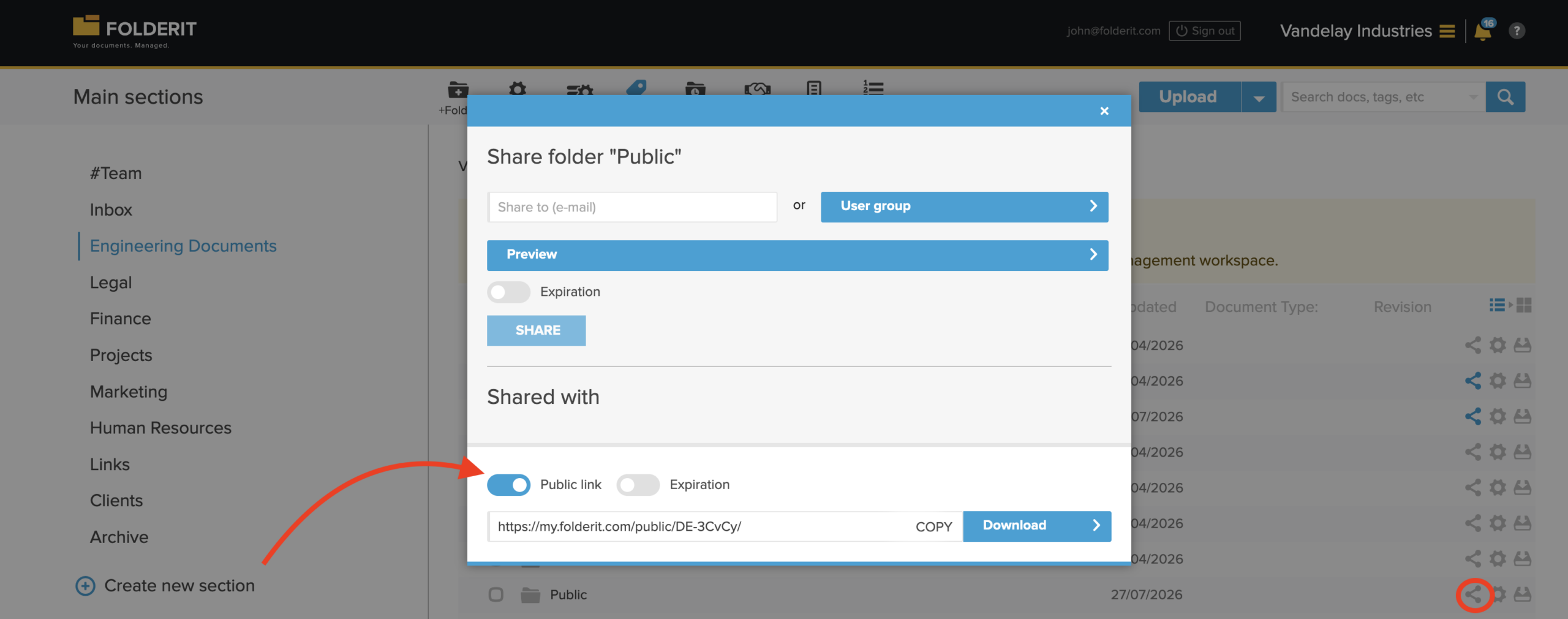 Creating a public link in Folderit Folderit sharing window with the Public Link option enabled