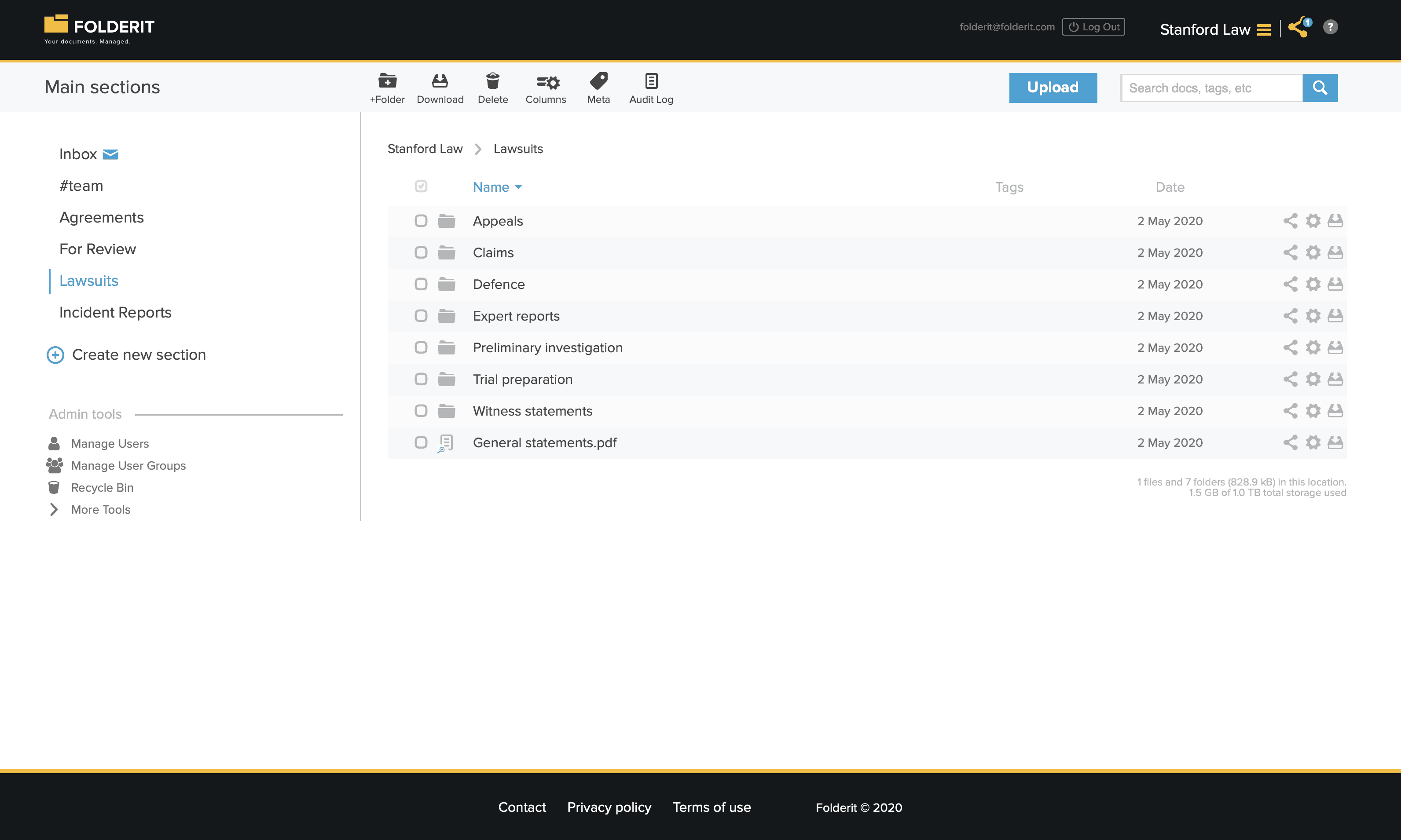 Litigation documentation management system software Folderit interface