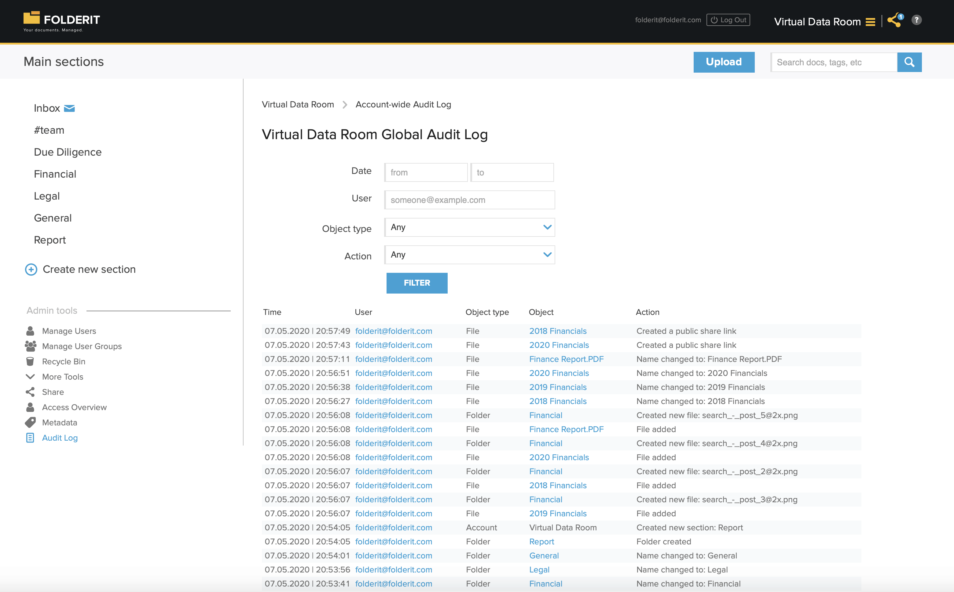 Virtual Data Room Software Audit Trail Screenshot