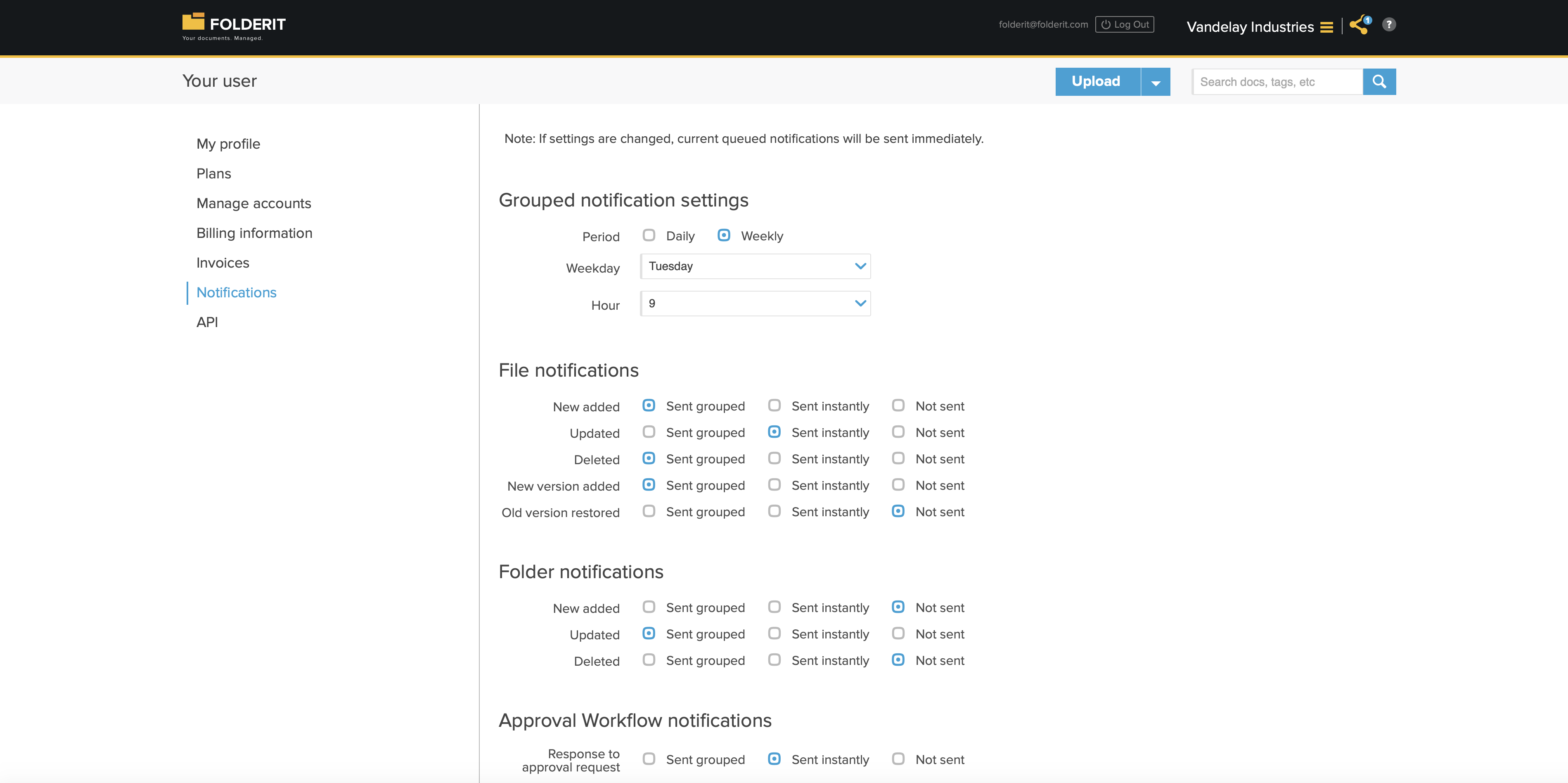 Notifications settings in Folderit DMS