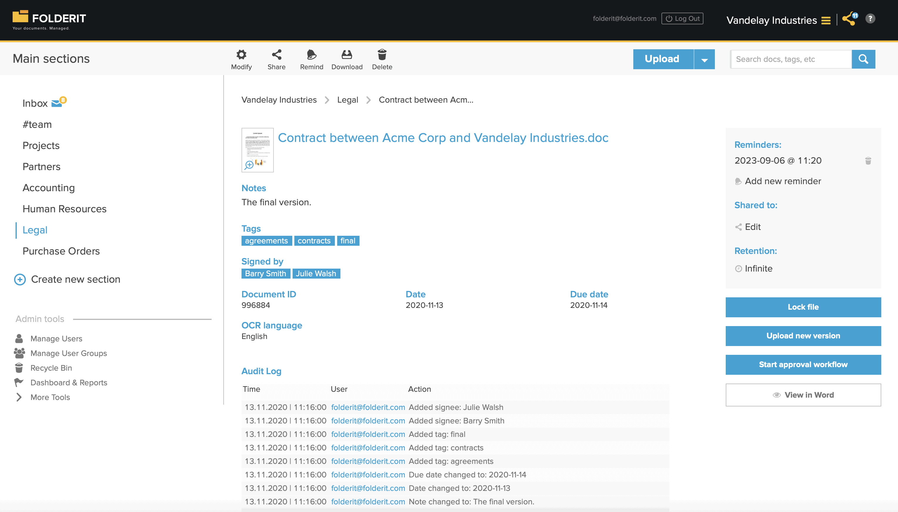 Contract Management System Software Folderit UI