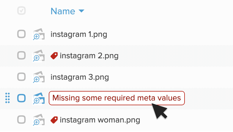 List view in Folderit DMS showing missing metadata values