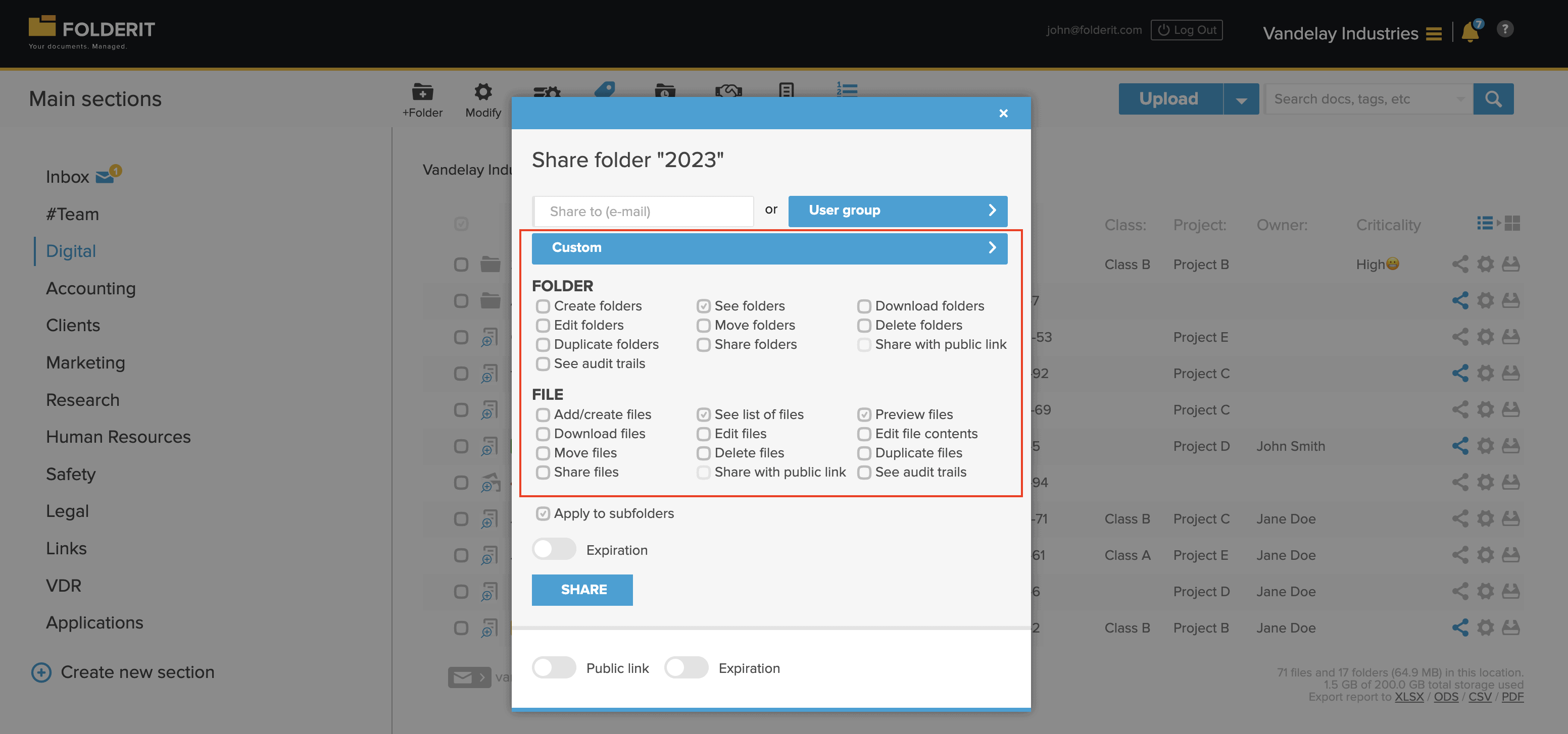 Custom permission level in Folderit DMS