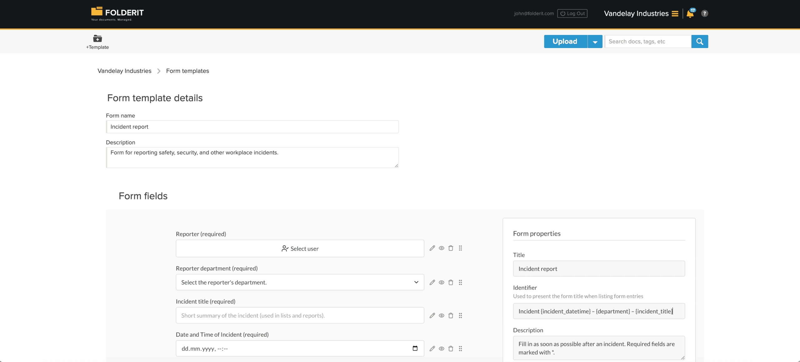 Defining e-form template in Folderit DMS