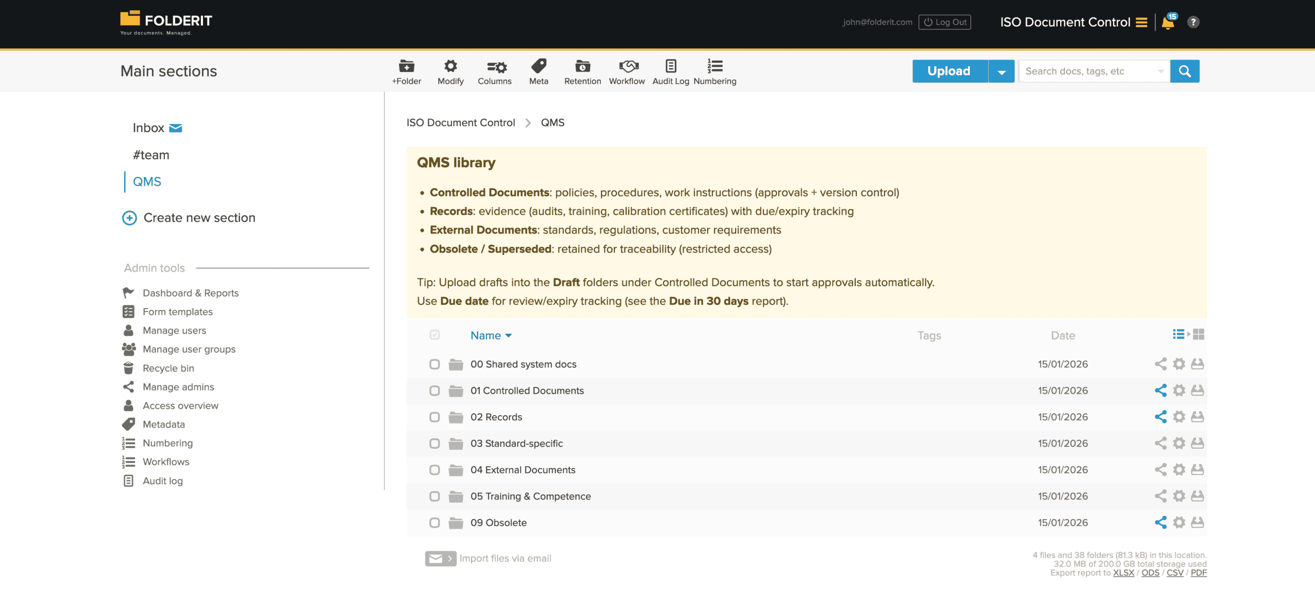 Example ISO document structure in Folderit (controlled docs + records + external docs).