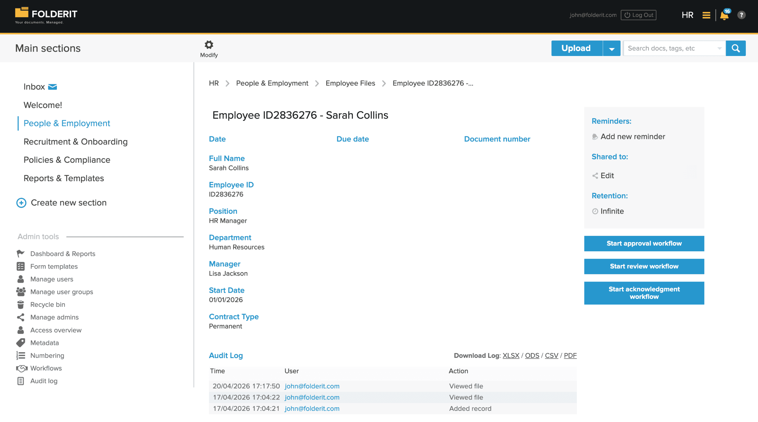 Employee record details in Folderit HR document management system showing employee data, reminders, retention settings, workflows, and audit log