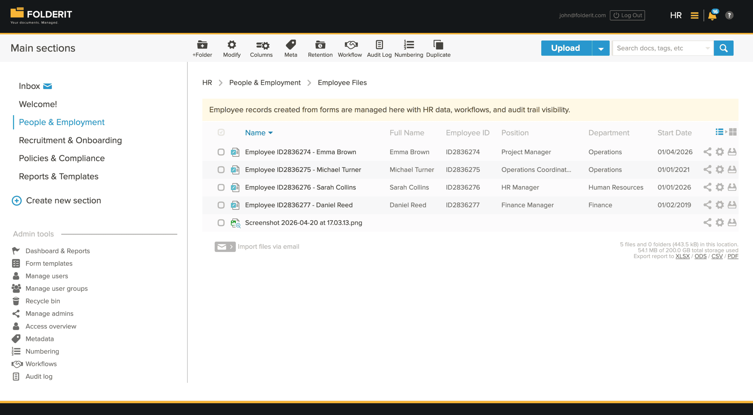 Employee records managed in Folderit HR document management system with employee ID, position, department, start date, workflows, and audit trail visibility