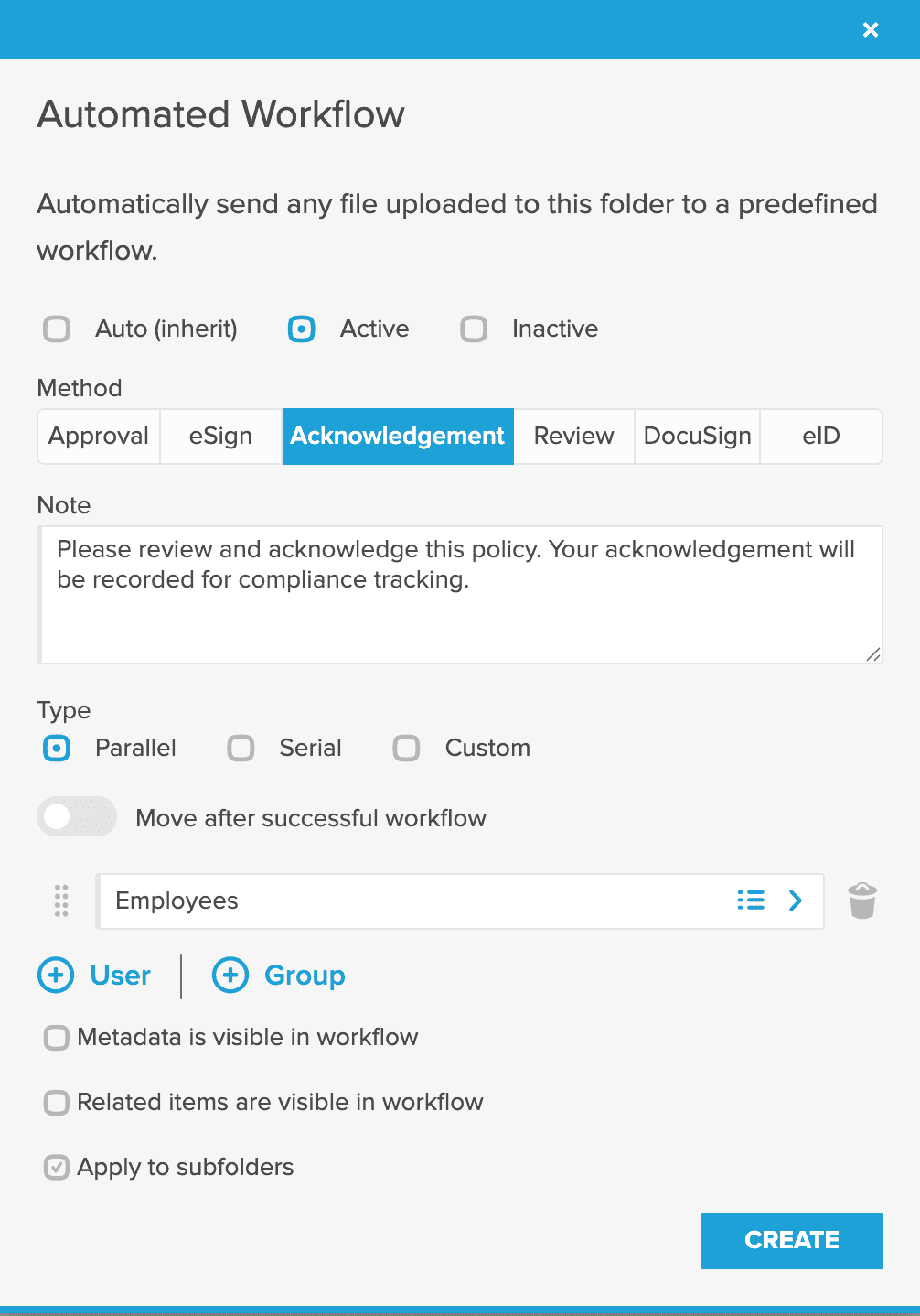 Alt Text Folderit automated acknowledgement workflow for HR policies, configured as active, parallel, and assigned to the Employees group.
