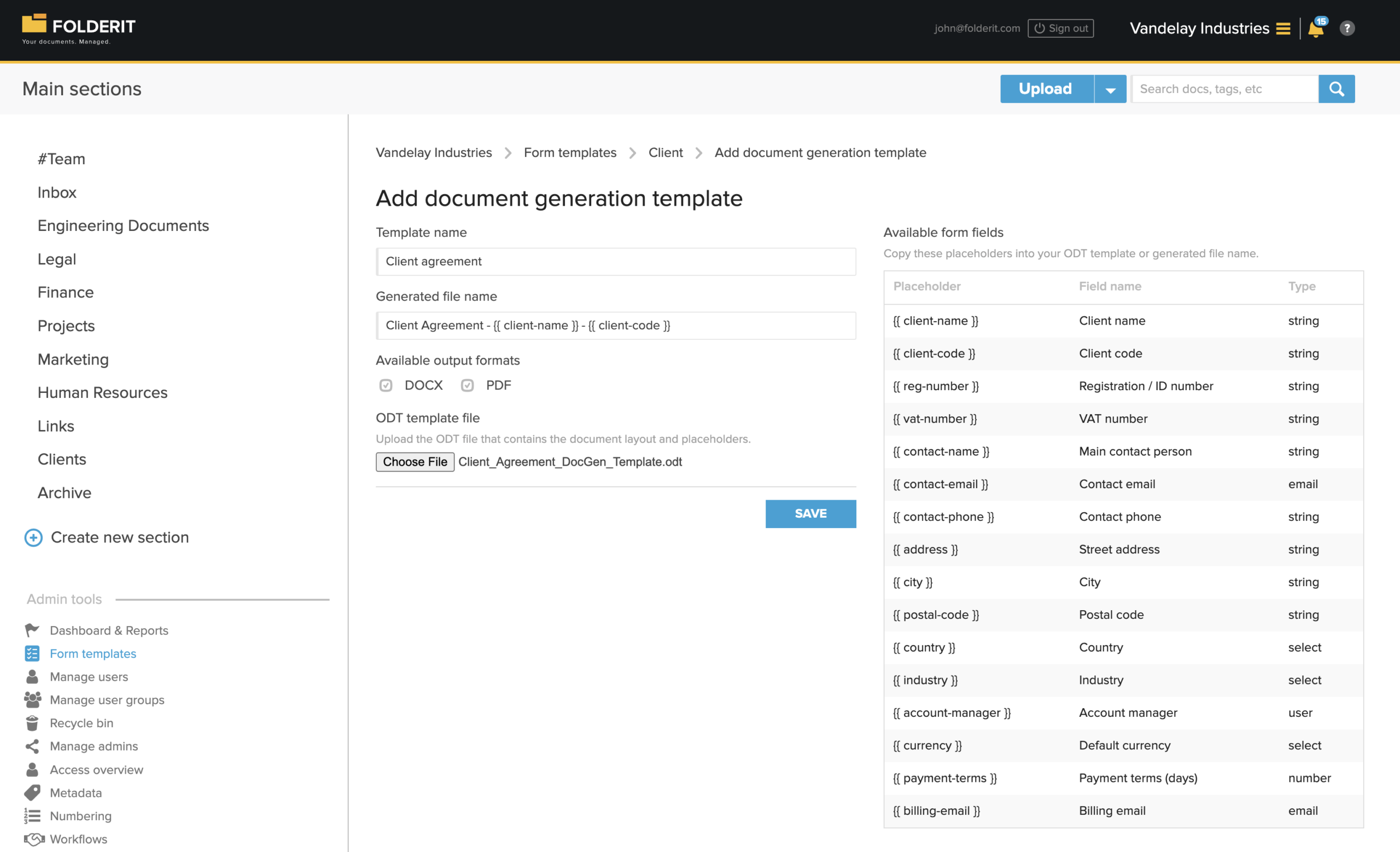 Setting up a Folderit document generation template using eForm placeholders for generated PDF and DOCX files.