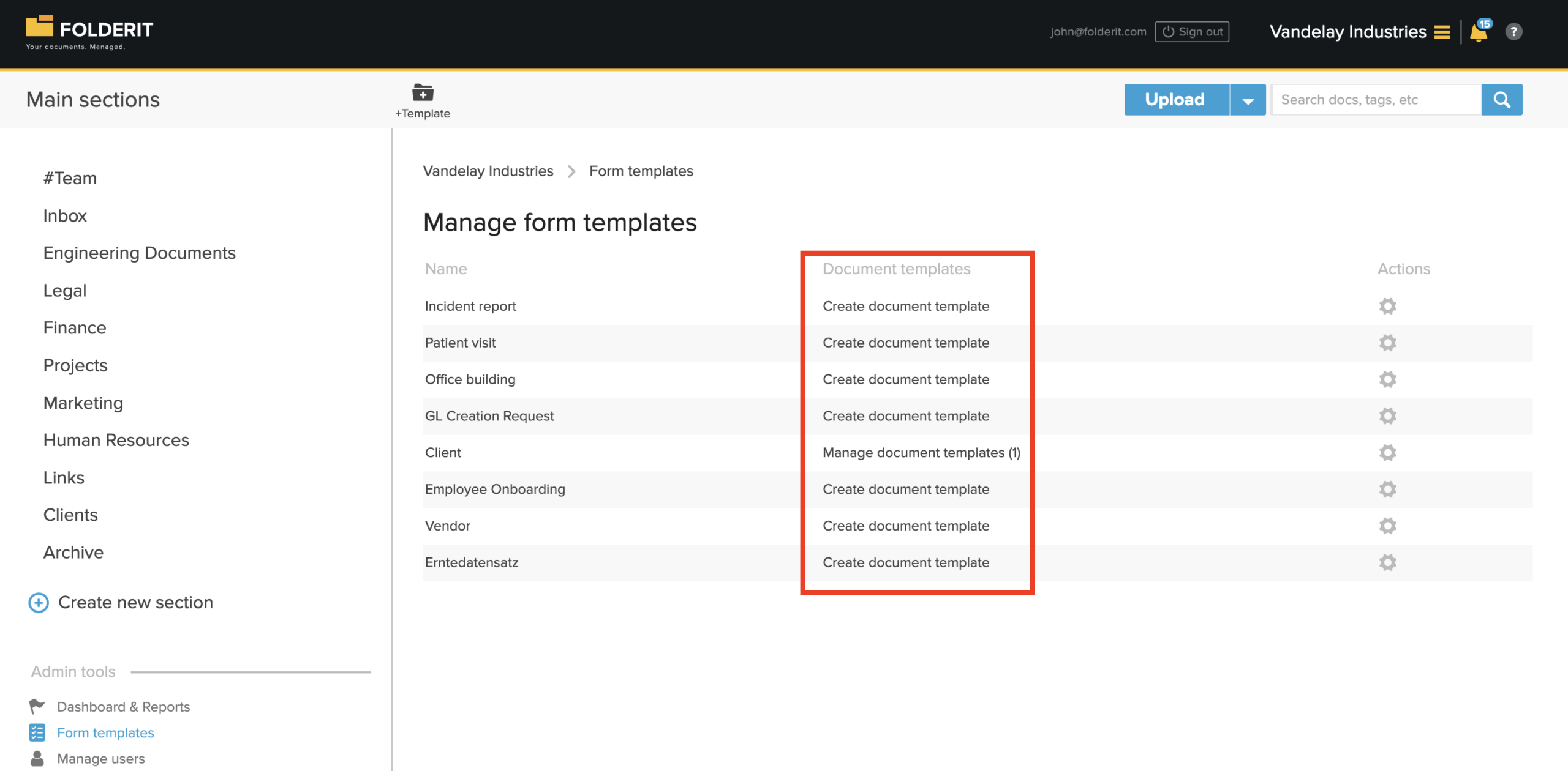 Folderit Form templates page showing eForms and document generation template options