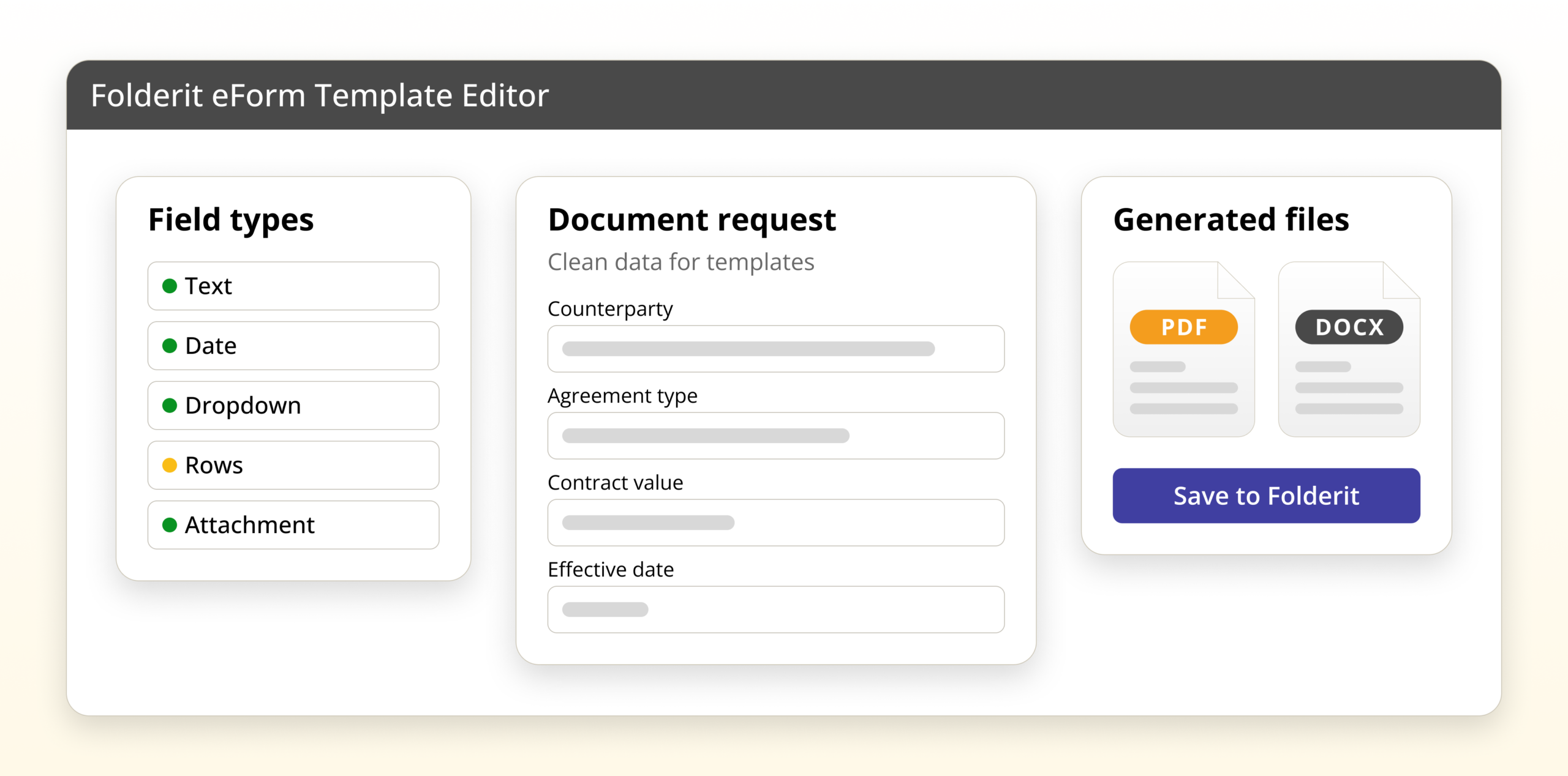 Folderit eForm Template Editor for document generation fields and generated files