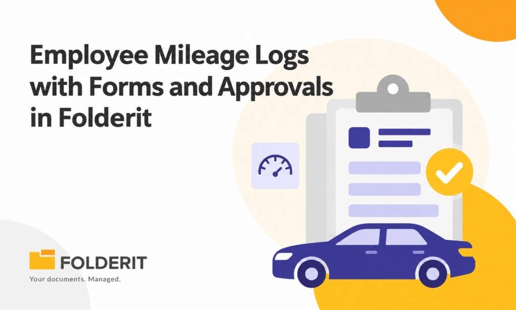 Employee mileage logs with forms and approvals in Folderit, illustrated by a car and trip-record clipboard