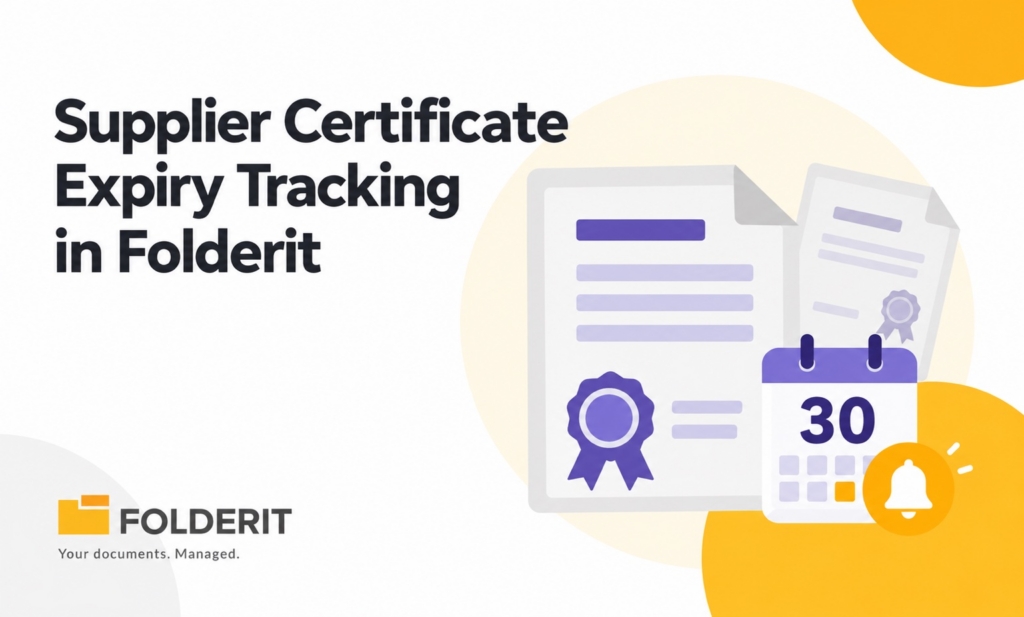 Illustration of a supplier certificate, a calendar marked 30 and a reminder bell, titled Supplier Certificate Expiry Tracking in Folderit.